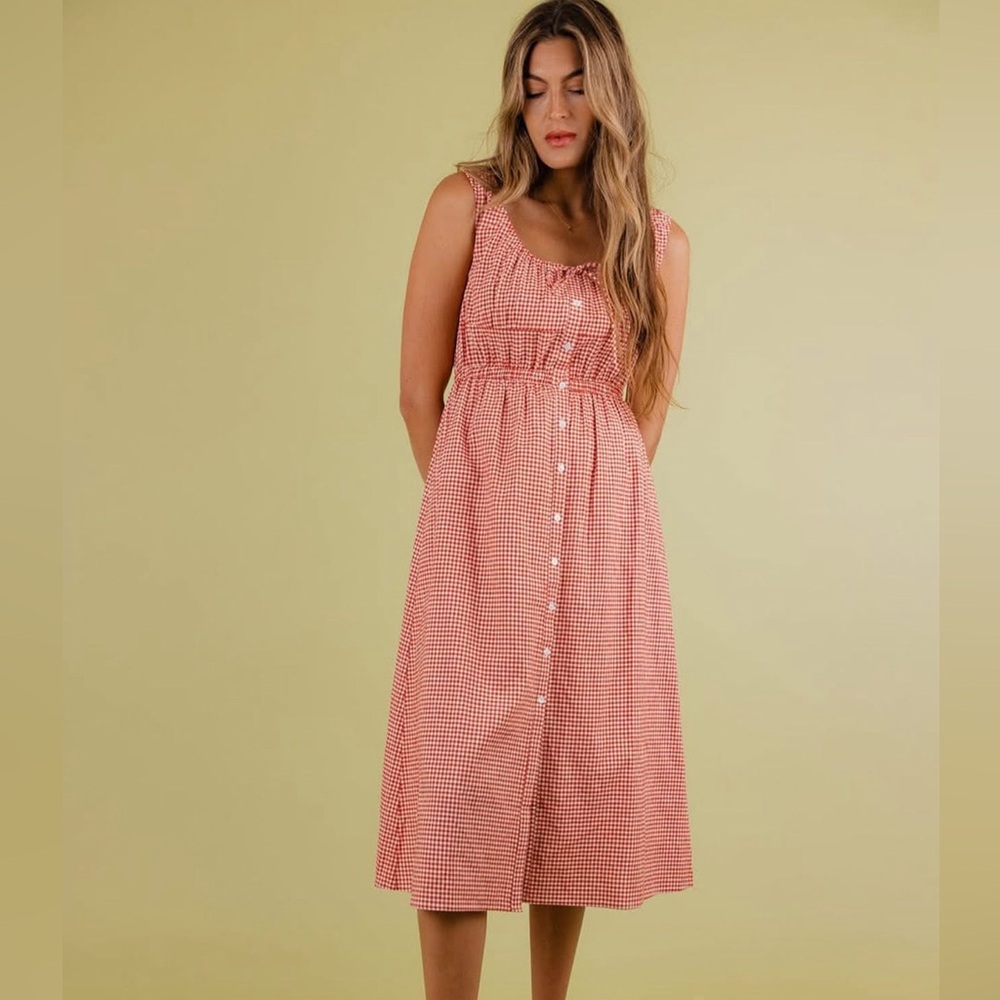 Roolee 100% cotton Red Gingham Button-Front Midi Dress